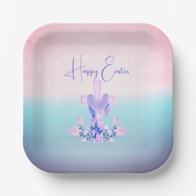 Happy Easter Cross & Flowers Paper Plate (Front)