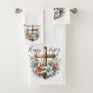 Happy Easter Cross with Easter Lilies Bath Towel Set