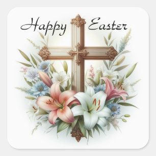Happy Easter Cross with Easter Lilies  Square Sticker