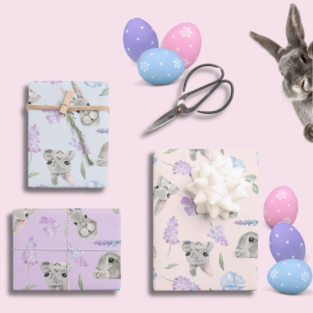 Happy Easter Curious Rabbits Pastel Colours Floral Wrapping Paper Sheet (Creator Uploaded)