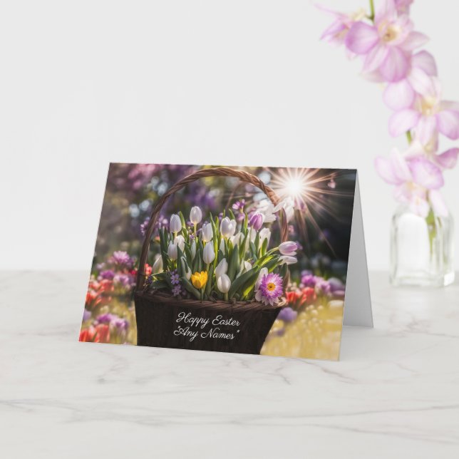 Happy Easter Custom Name or Names Pretty Basket  Card (Orchid)