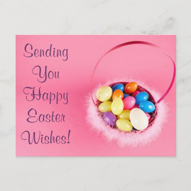 Happy Easter Customisable Pretty PInk Basket Holiday Postcard (Front)