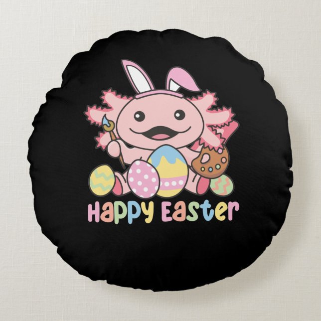 Happy Easter Cute Axolotl Easter With Easter Eggs Round Cushion (Front)