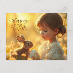 Happy Easter Cute Baby Girl with Bunny  Holiday Postcard