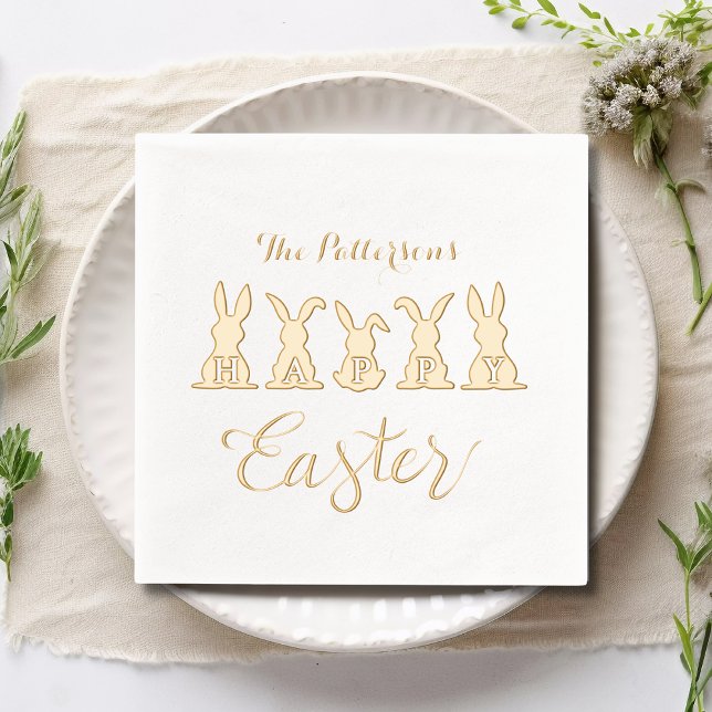 Happy Easter Cute Bunnies Personalised Name Foil Napkins (Creator Uploaded)
