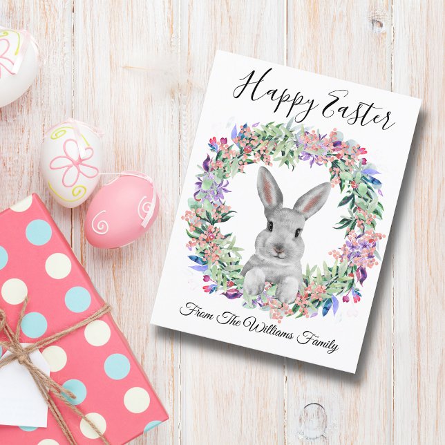 happy easter cute bunny and floral wreath family postcard (Creator Uploaded)