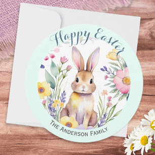 Happy Easter Cute Bunny and Flowers Personalised Holiday Card