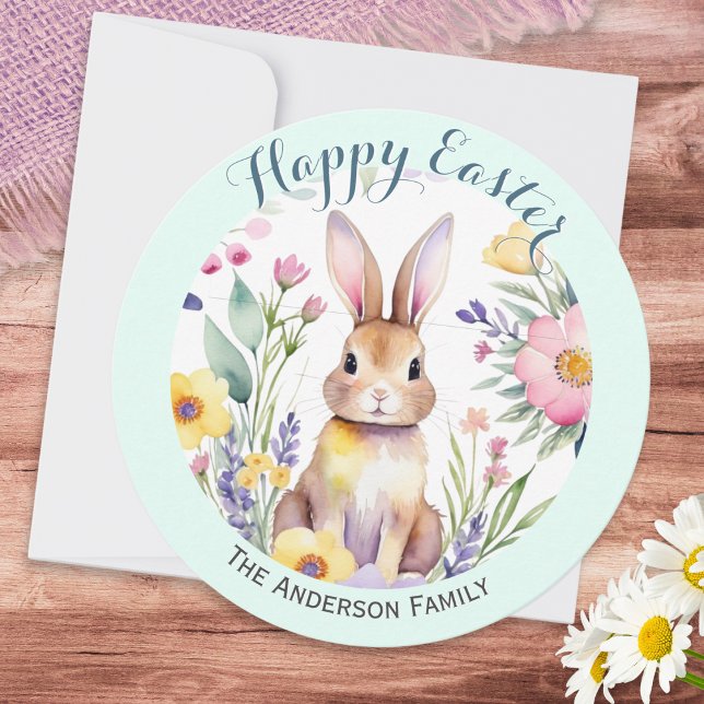Happy Easter Cute Bunny and Flowers Personalised Holiday Card (A cute, personalized Easter card, with watercolor-style rabbit and Spring flowers)