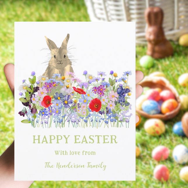 Happy Easter Cute Bunny and Wildflowers Custom Holiday Postcard (Happy Easter bunny and watercolor wildflowers custom holiday postcard )