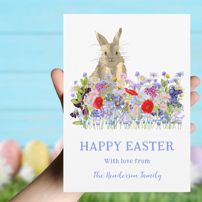Happy Easter Cute Bunny and Wildflowers Holiday Card (Happy Easter Bunny watercolor Floral custom holiday greetings card)