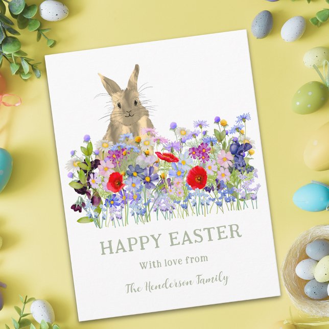 Happy Easter Cute Bunny and Wildflowers Holiday Postcard (Personalized Happy Easter cute bunny watercolor wildflower floral garden greeting postcard)