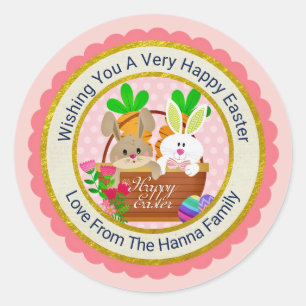 Happy Easter, Cute Bunny Basket & Colourful Eggs Classic Round Sticker