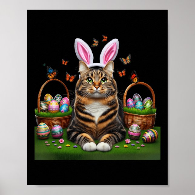 Happy Easter Cute Bunny Cat Eggs Basket Easter Cat Poster (Front)