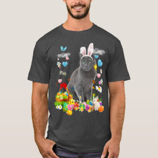 Happy Easter Cute Bunny Cat Russian Blue Eggs Bask T-Shirt