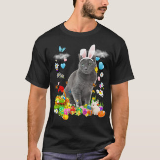 Happy Easter Cute Bunny Cat Russian Blue Eggs Bask T-Shirt