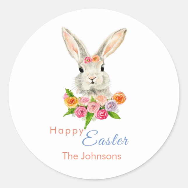Happy Easter Cute Bunny Classic Round Sticker (Front)