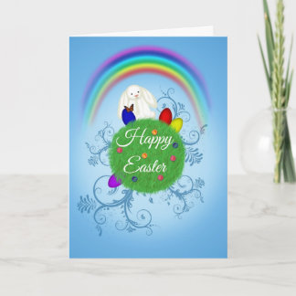 Happy Easter Cute Bunny Colorful Planet & Rainbow Holiday Card