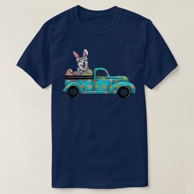 Happy Easter Cute Bunny Dog Husky Eggs Old Truck  T-Shirt (Design Front)