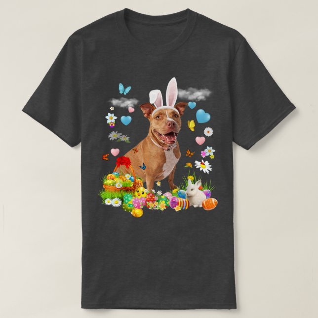 Happy Easter Cute Bunny Dog Pitbull Eggs Basket Fu T-Shirt (Design Front)
