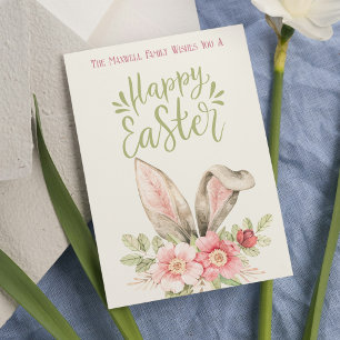Happy Easter Cute Bunny Ears Watercolor Flowers Holiday Postcard
