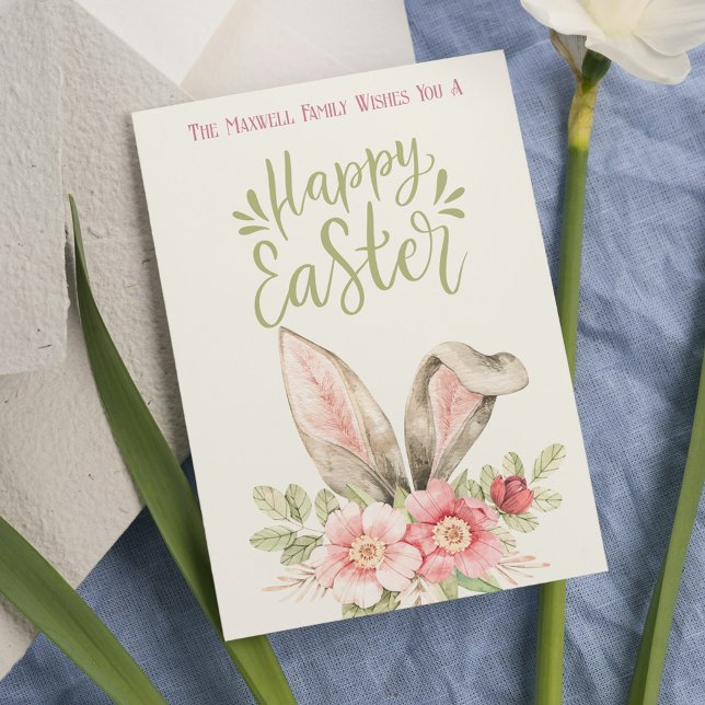 Happy Easter Cute Bunny Ears Watercolor Flowers Holiday Postcard (Happy Easter Cute Bunny Ears Watercolor Flowers Holiday Postcard
)