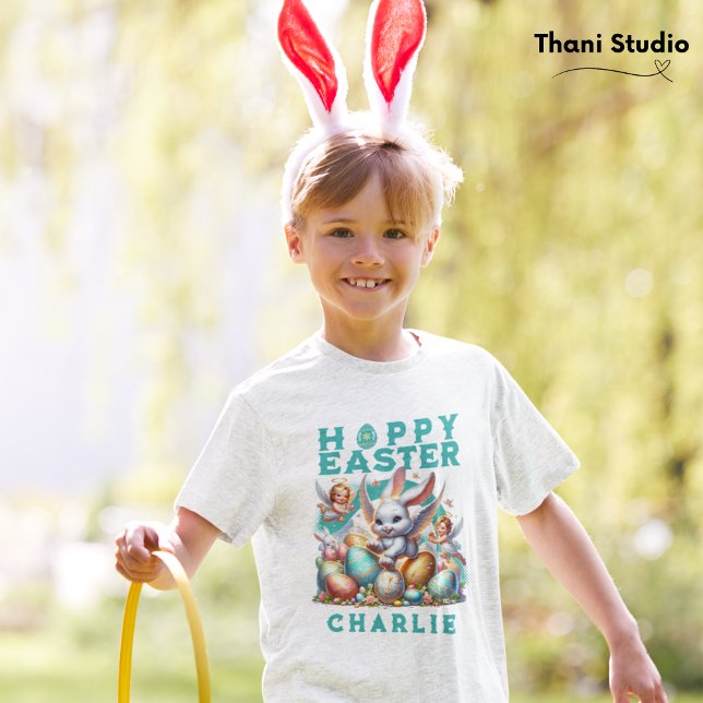 Happy Easter Cute Bunny & Eggs Customisable Name T-Shirt (Creator Uploaded)