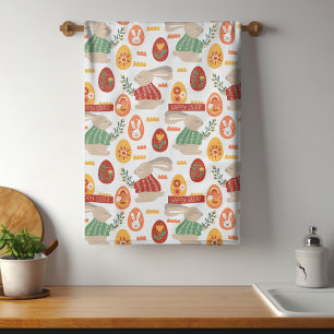 Happy Easter Cute Bunny Eggs Spring Flowers Tea Towel