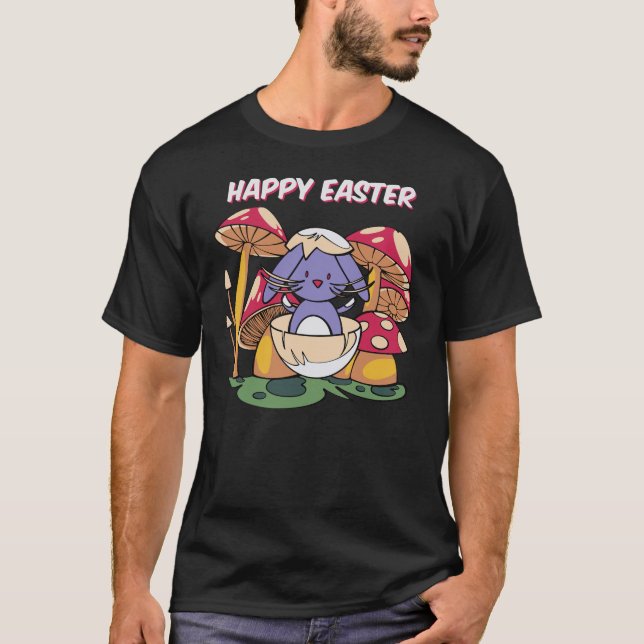 Happy Easter Cute Bunny in Egg Kawaii Mushroom S T-Shirt (Front)
