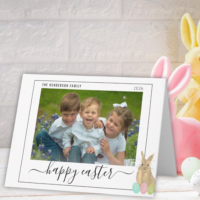 Happy Easter Cute Bunny Kids Photo Holiday Card (Personalized watercolor cute easter bunny and eggs kids photo folded holiday greetings card)