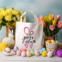 Happy Easter Cute Bunny Long Ears Hunt Eggs Floral