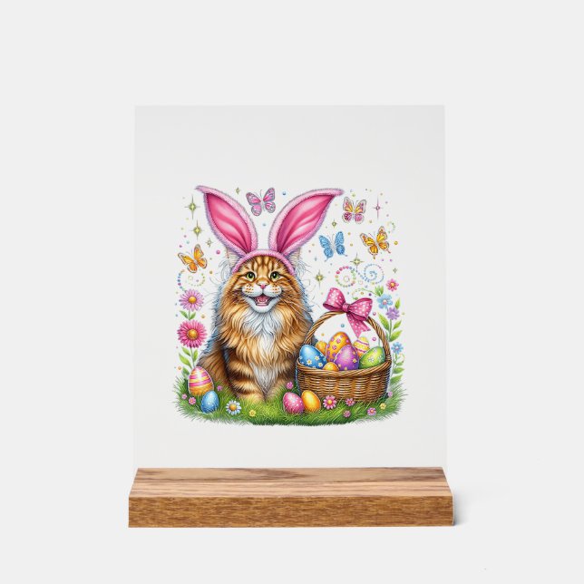 Happy Easter Cute Bunny Maine Coon Cat Easter Eggs Acrylic Sign (Front)