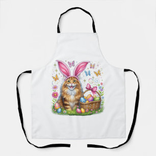 Happy Easter Cute Bunny Maine Coon Cat Easter Eggs Apron