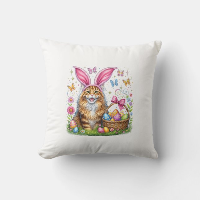 Happy Easter Cute Bunny Maine Coon Cat Easter Eggs Cushion (Front)