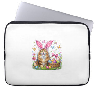 Happy Easter Cute Bunny Maine Coon Cat Easter Eggs Laptop Sleeve