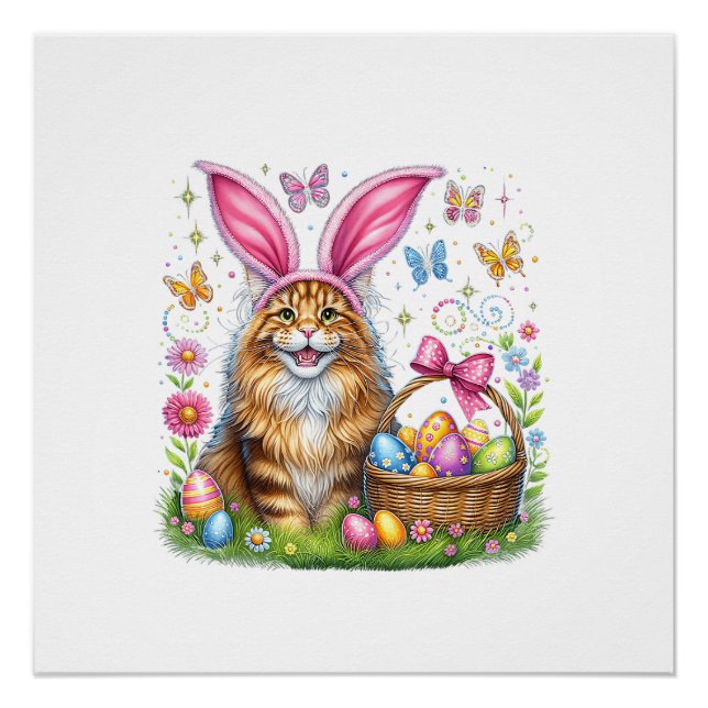 Happy Easter Cute Bunny Maine Coon Cat Easter Eggs Poster (Front)