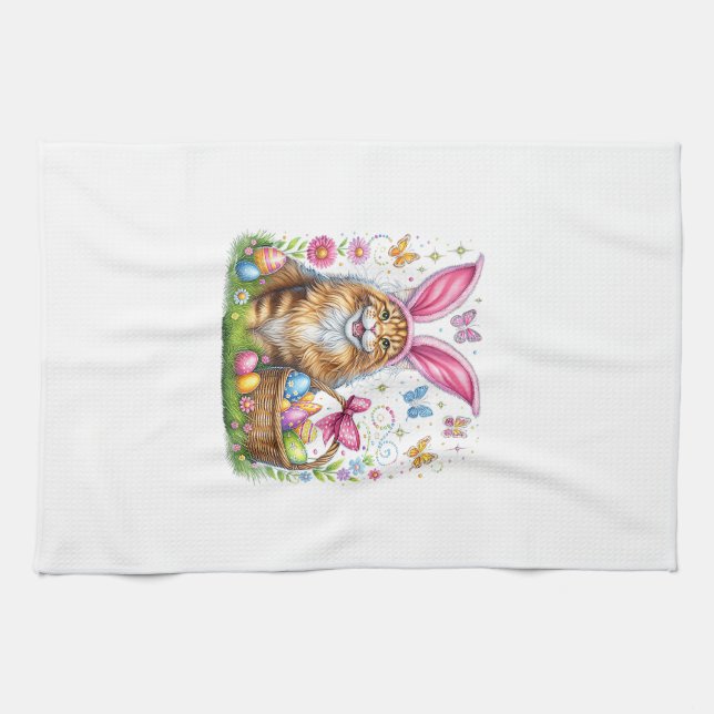 Happy Easter Cute Bunny Maine Coon Cat Easter Eggs Tea Towel (Horizontal)