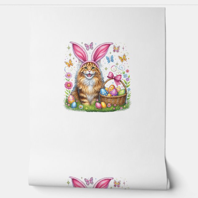 Happy Easter Cute Bunny Maine Coon Cat Easter Eggs Wallpaper (Unrolling)