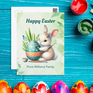 Happy Easter, Cute Bunny Painting an Easter egg Holiday Postcard