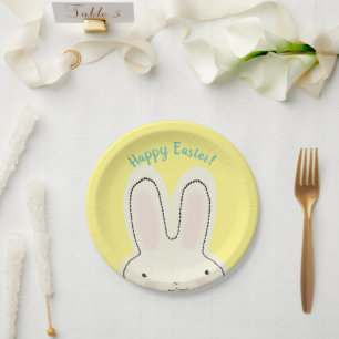 Happy Easter cute bunny peekaboo script yellow Paper Plate