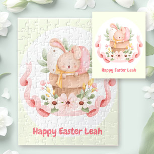 Happy Easter Cute Bunny Personalised Name Girl Jigsaw Puzzle