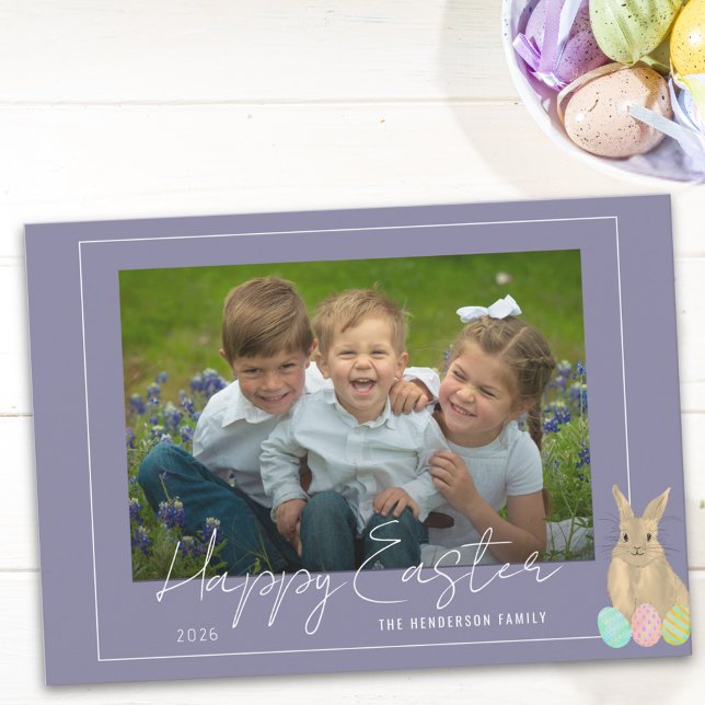 Happy Easter Cute Bunny Photo Holiday Card (Watercolor Cute bunny happy Easter photo greetings flat card)