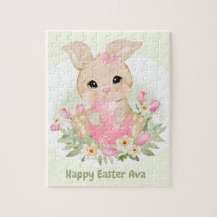 Happy Easter Cute Bunny Pink Egg Personalised Name Jigsaw Puzzle