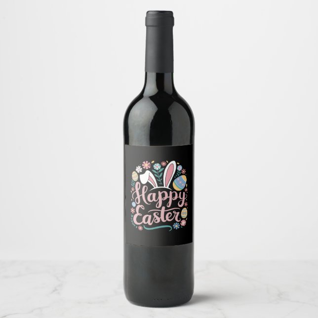 Happy Easter Cute Bunny Rabbit Eggs Wine Label (Front)