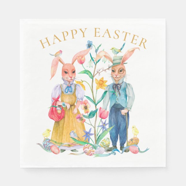 Happy Easter Cute Bunny Rabbits Spring Flowers Napkin (Front)