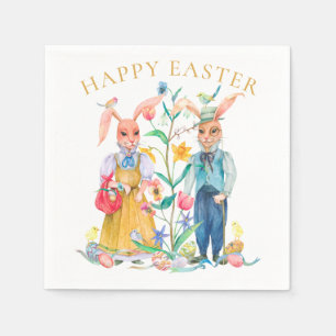 Happy Easter Cute Bunny Rabbits Spring Flowers Napkin