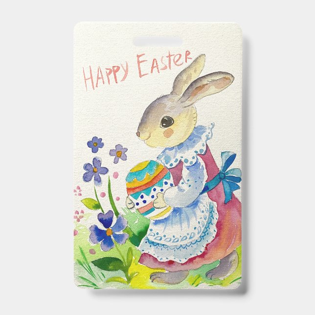 Happy easter. Cute bunny whit eggs ID Badge (Front)