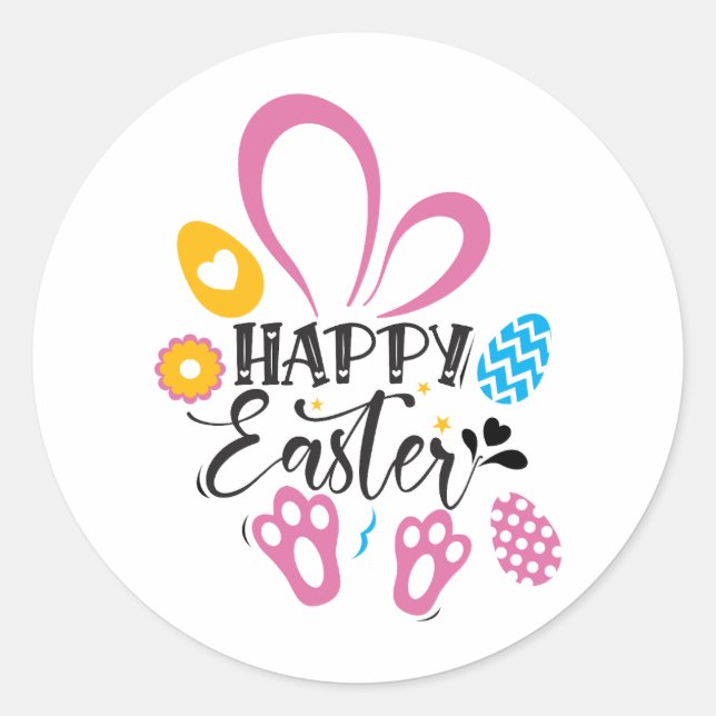 Happy Easter Cute Bunny With Easter Eggs Classic Round Sticker (Front)