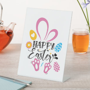 Happy Easter Cute Bunny With Easter Eggs Pedestal Sign