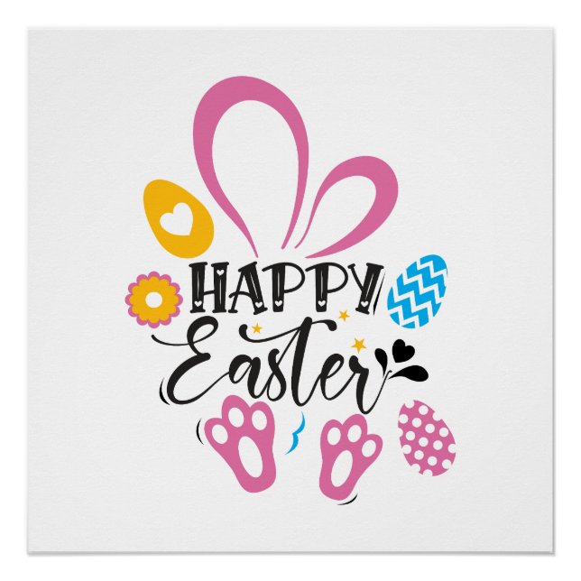 Happy Easter Cute Bunny With Easter Eggs Poster (Front)
