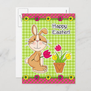 Happy Easter. Cute Bunny with Tulips Holiday Postcard